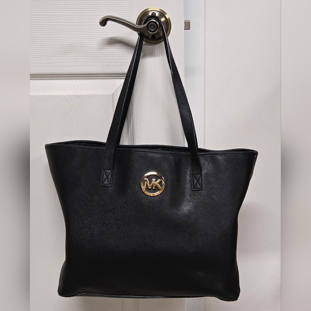 Michael Kors Black Faux Leather Tote with Gold MK Medallion